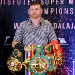 Article thumbnail: ZAPOPAN, MEXICO - MARCH 14: Saul Canelo Alvarez poses with his belts during the press conference at Akron Stadium on March 14, 2023 in Zapopan, Mexico. Canelo Alvarez will fight against John Ryder on May 6, 12 years after his last combat in Mexico. The event will take place at Akron Stadium. (Photo by Alfredo Moya/Jam Media/Getty Images)